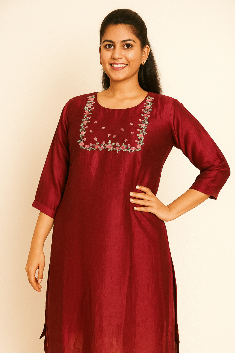 MAROON EMBROIDERED CASUAL KURTHI