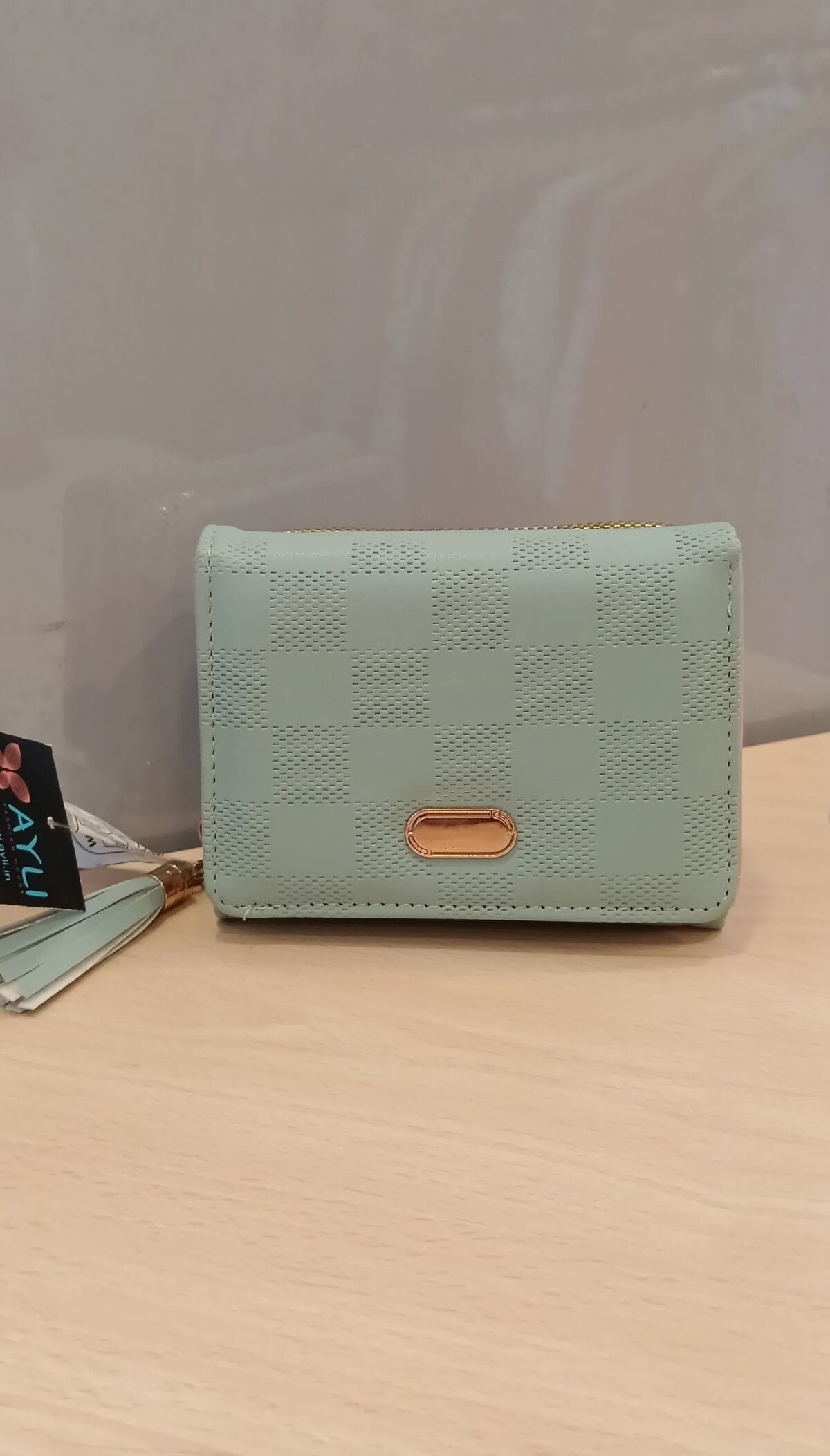 Mint Checkered Zip-Around Mini Wallet